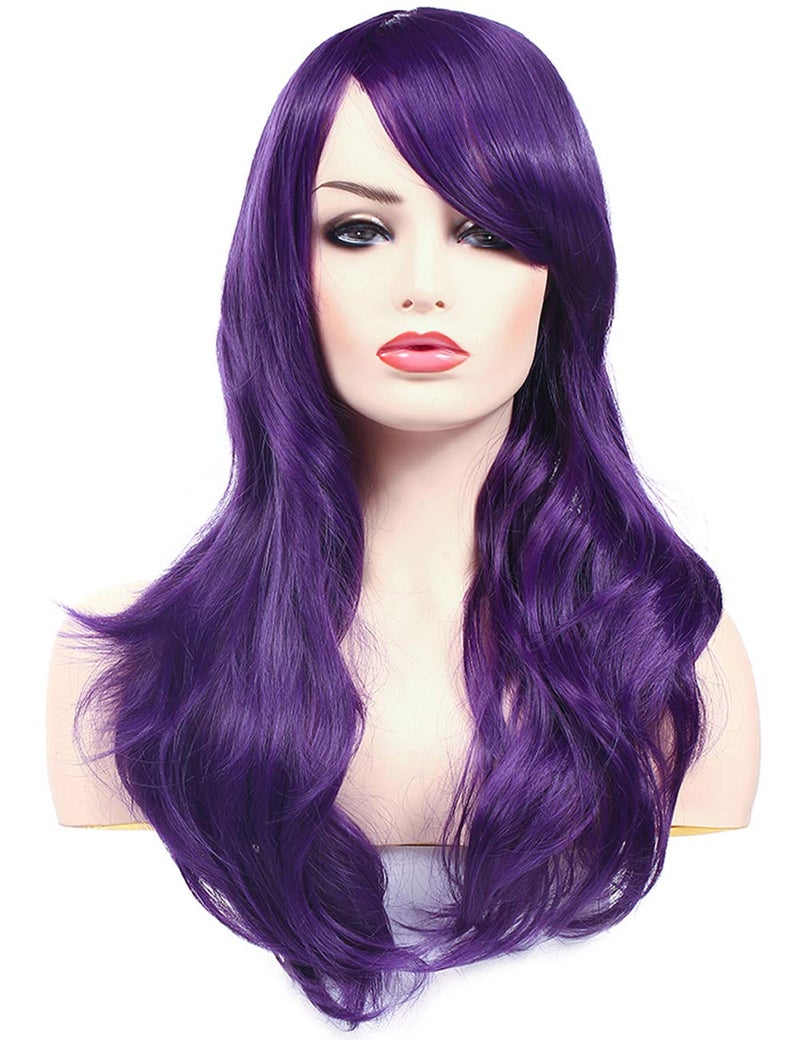 morvally 23 inches Long Wig Big Wavy Heat Resistant Synthetic Straight Hair with Bangs for Womens Cosplay Costume Halloween Party (Purple) - Image 1